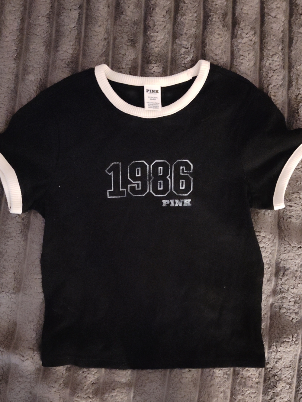 PINK Victoria's Secret Black Ringer Tee with White Trim and 1986 Graphic